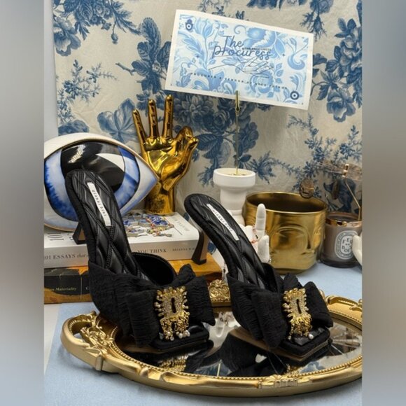 🆕 GIANNI BINI 🧿 NWOB Peeka Surrealist Keyhole Ornament Bow Slide, Black - Sz 8 - Picture 2 of 16